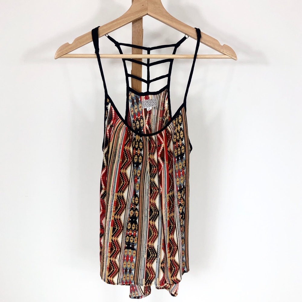 “Aztec” print racerback tank with strap design